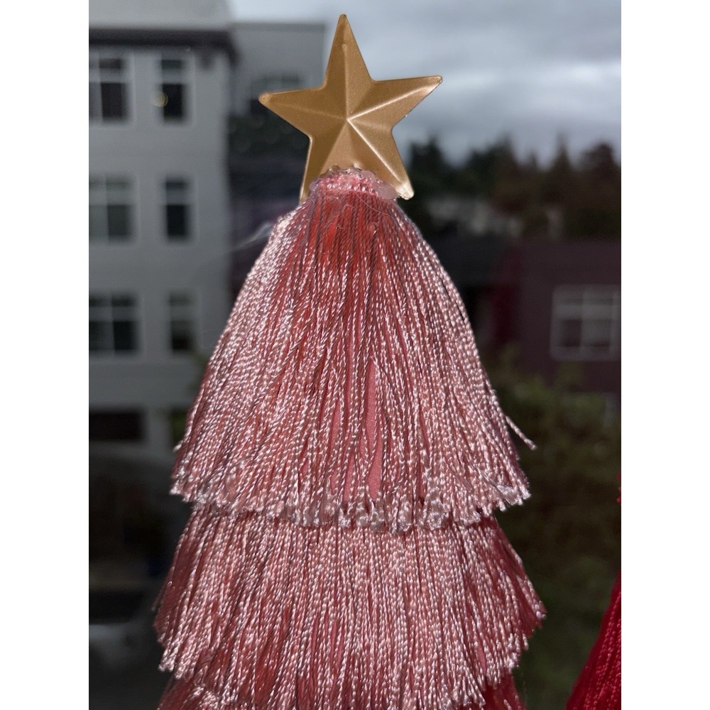 Pink Christmas Trees Set 2 Tassel Fringe Gold Base Tabletop Holiday Decor - Picture 3 of 5